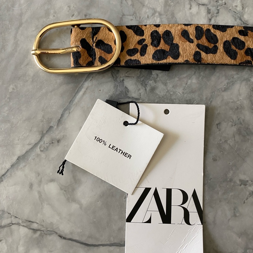 Zara 100% Leather Cheetah Belt with Gold Oval Buckle